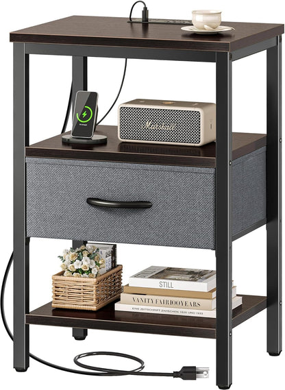 SUPERJARE Nightstand with Charging Station, Bed Side Table with Adjustable Fabric Drawer, Night Stand for Bedroom, 3-Tier Storage End Table, for Living Room, Rustic Brown and Black