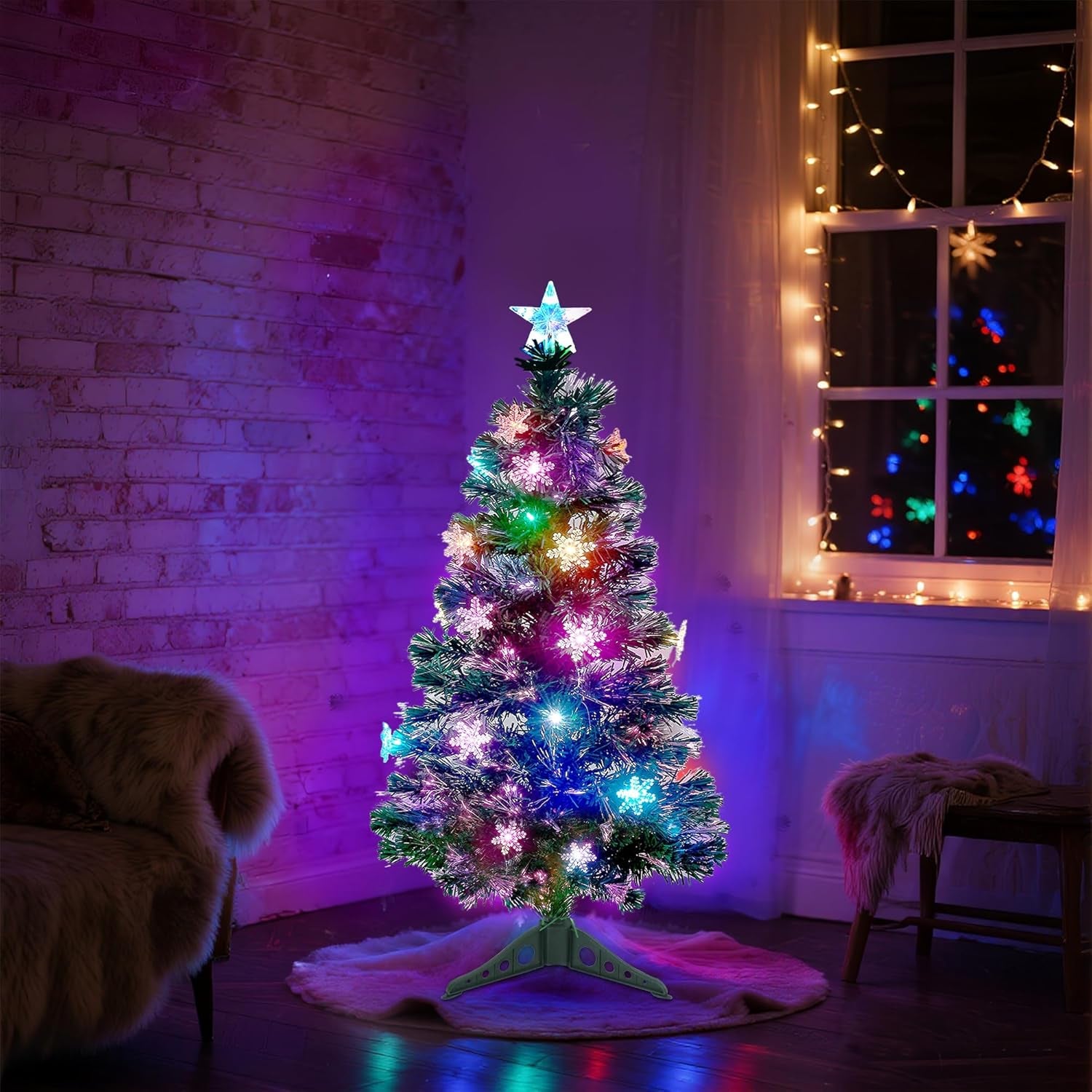 Illuminate Your Holidays with the Stunning Prsildan 3 FT Pre-Lit Optical Fiber Christmas Tree Featuring Multicolor LED Lights and Charming Snowflakes