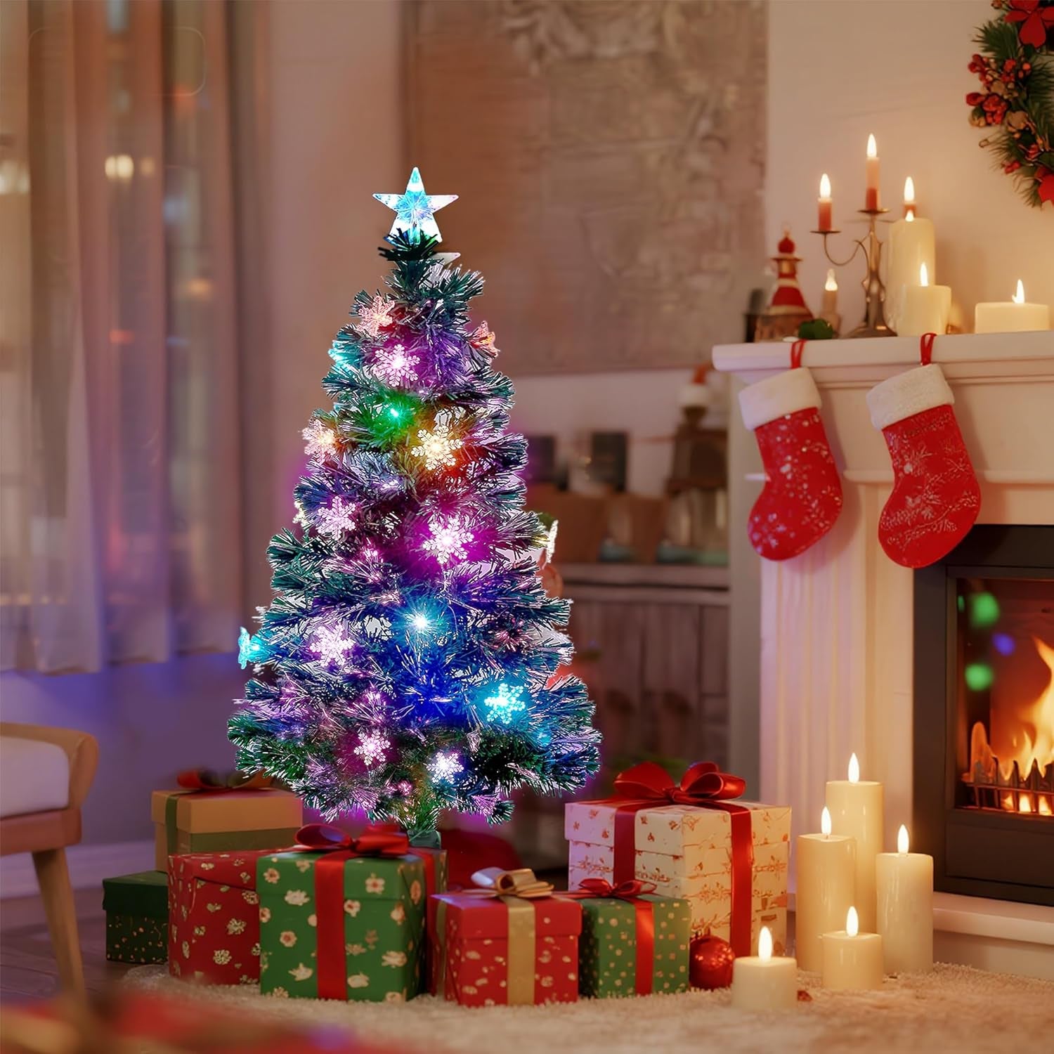 Illuminate Your Holidays with the Stunning Prsildan 3 FT Pre-Lit Optical Fiber Christmas Tree Featuring Multicolor LED Lights and Charming Snowflakes