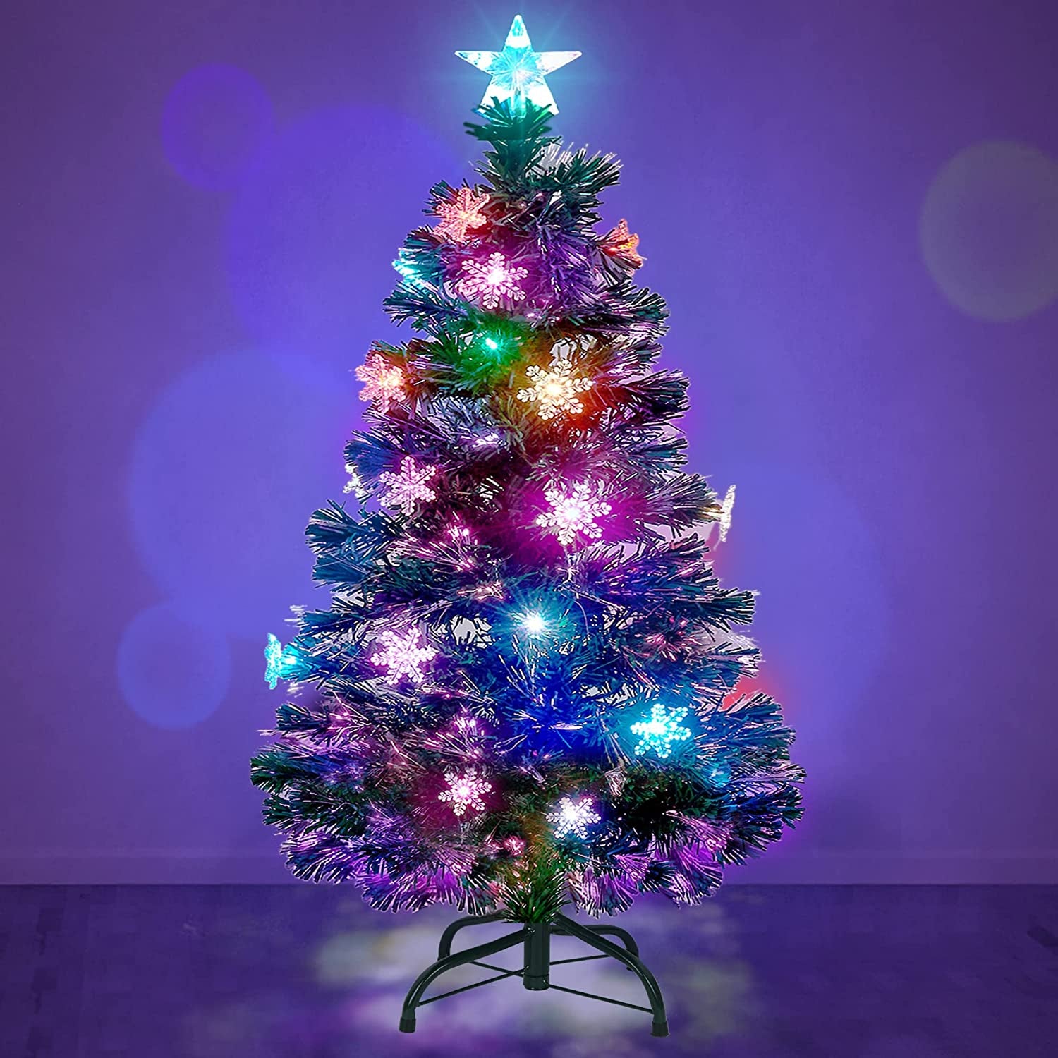 Illuminate Your Holidays with the Stunning Prsildan 3 FT Pre-Lit Optical Fiber Christmas Tree Featuring Multicolor LED Lights and Charming Snowflakes