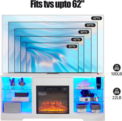 TV Stand Electric Fireplace TV Stand with Glass Shelves, 3D Fireplace TV Stand with LED Lights Wood with USB Charging Outlet Modern Television Table Center for TV up to 32-62" (White)