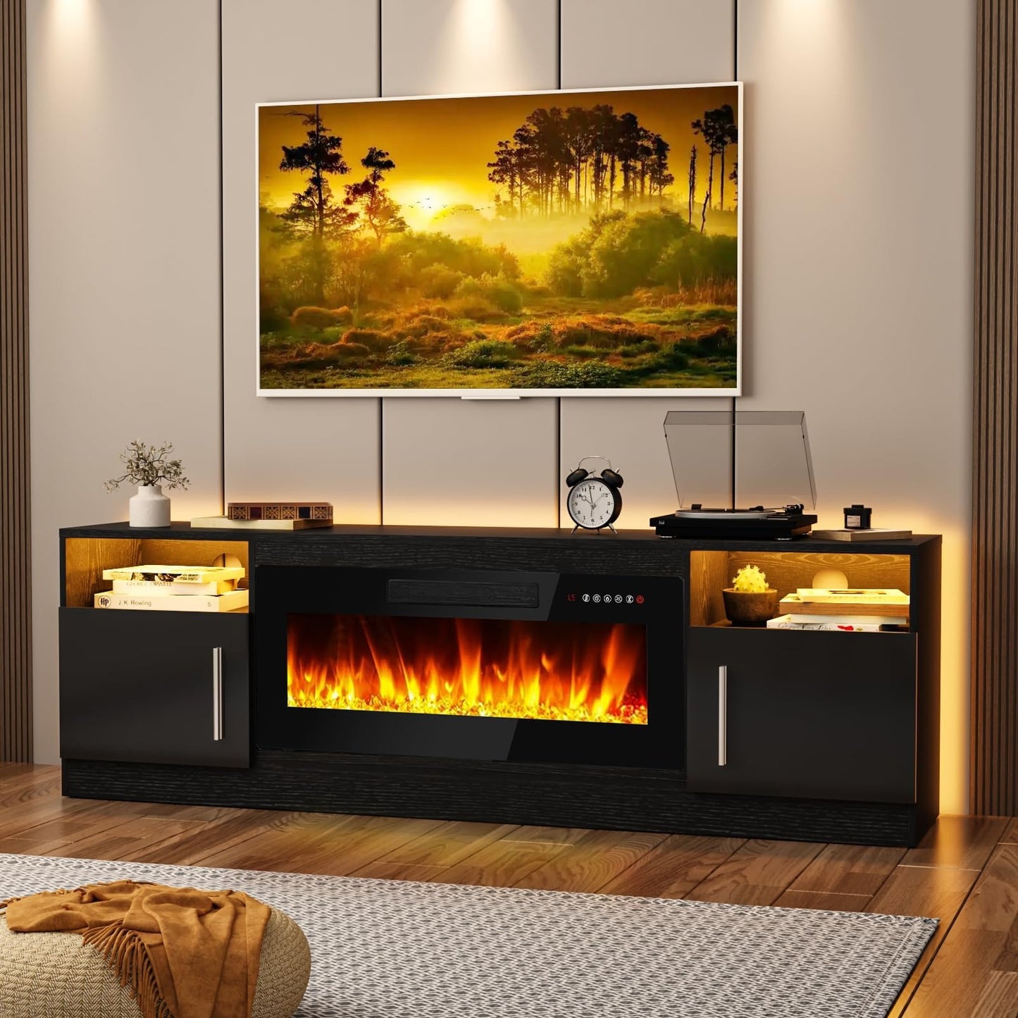Fireplace TV Stand Entertainment Center with 36" Fireplace, 70" Wooden TV Stand for TVs Up to 80",Media TV Console with High Gloss Storage Cabinet and 16 Colors LED Lights (Black)