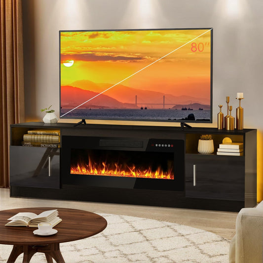 Fireplace TV Stand Entertainment Center with 36" Fireplace, 70" Wooden TV Stand for TVs Up to 80",Media TV Console with High Gloss Storage Cabinet and 16 Colors LED Lights (Black)