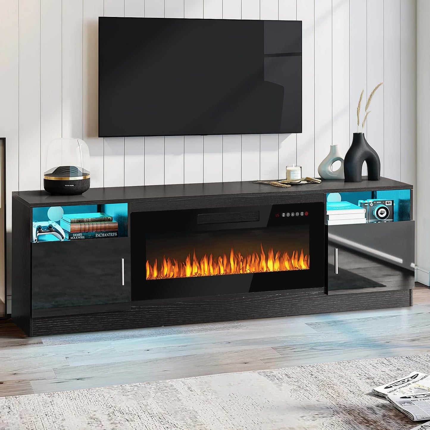 Fireplace TV Stand Entertainment Center with 36" Fireplace, 70" Wooden TV Stand for TVs Up to 80",Media TV Console with High Gloss Storage Cabinet and 16 Colors LED Lights (Black)