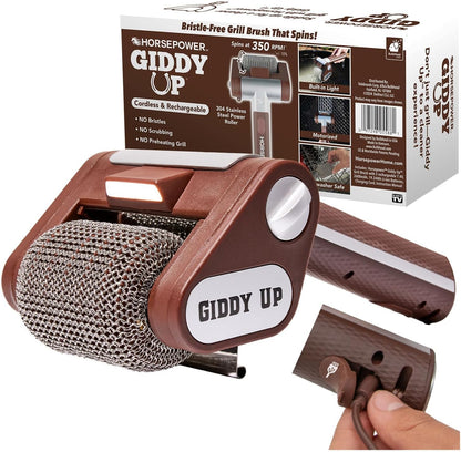 Horsepower Giddy up Grill Cleaner AS-SEEN-ON-TV! – Cordless, Rechargeable BBQ Tool with 350 RPM Stainless Roller, LED Light – Patents Pending – from Bulbhead, a Family-Owned American Brand