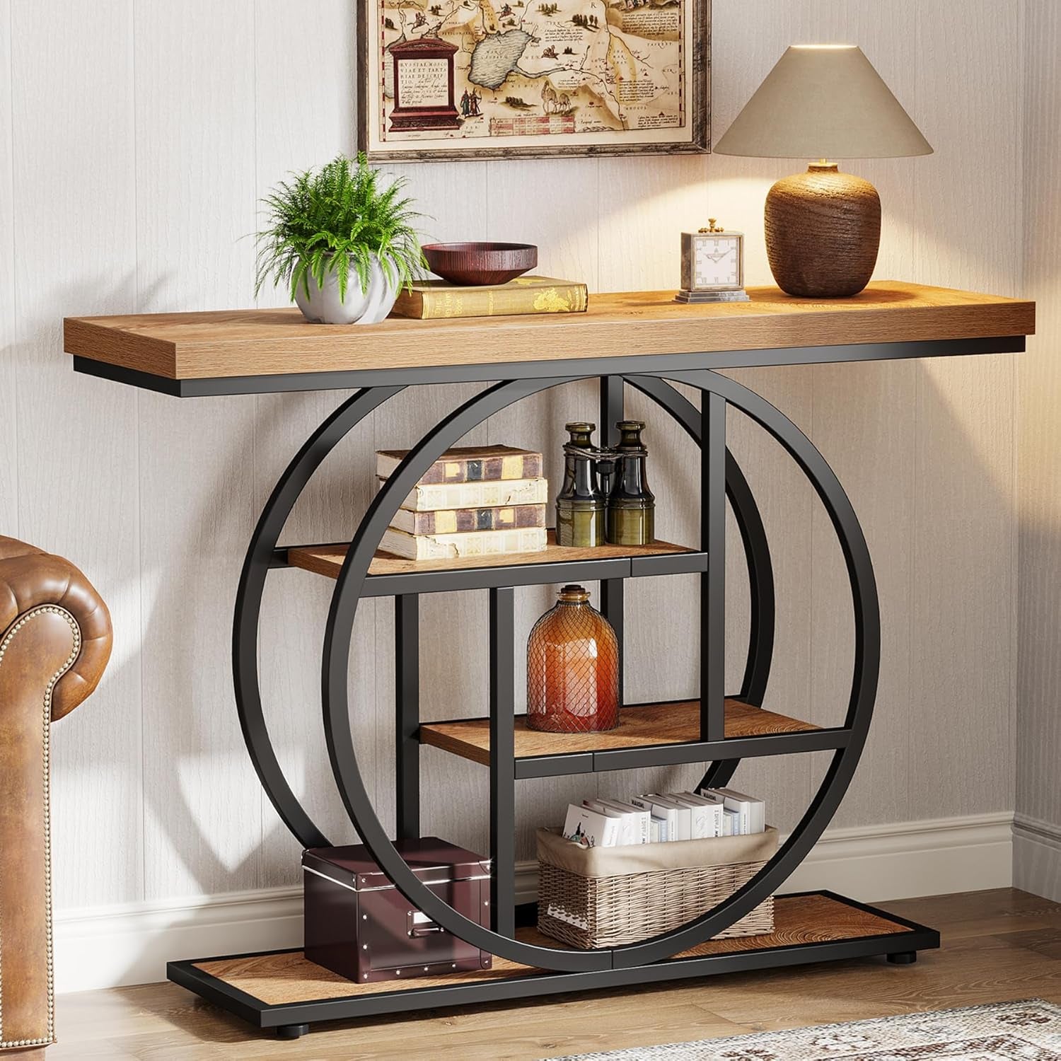 Tribesigns 41.3" Console Table, Industrial 4-Tier Sofa Table Entryway Table with Circle Base, Narrow Wood Accent Tables with Storage Shelves for Living Room, Hallway, Foyer, Rustic Brown