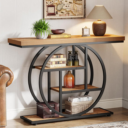 Tribesigns 41.3" Console Table, Industrial 4-Tier Sofa Table Entryway Table with Circle Base, Narrow Wood Accent Tables with Storage Shelves for Living Room, Hallway, Foyer, Rustic Brown