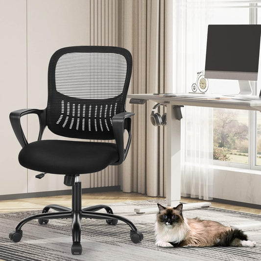 Sweetcrispy Office Computer Desk Managerial Executive Chair, Ergonomic Mid-Back Mesh Rolling Work Swivel Chairs with Wheels, Comfortable Lumbar Support, Comfy Arms for Home,Bedroom,Study,Student,Black