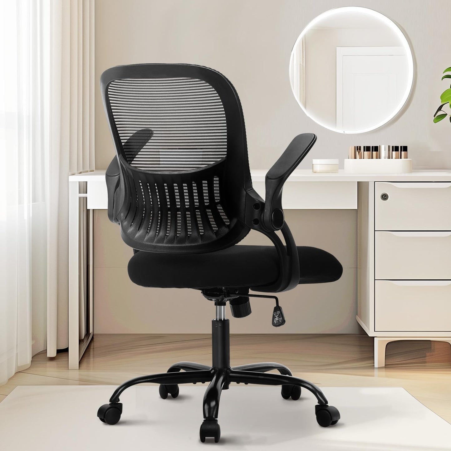 Sweetcrispy Office Computer Desk Managerial Executive Chair, Ergonomic Mid-Back Mesh Rolling Work Swivel Chairs with Wheels, Comfortable Lumbar Support, Comfy Arms for Home,Bedroom,Study,Student,Black