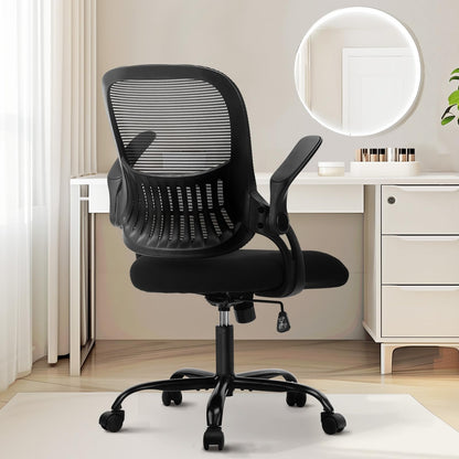 Sweetcrispy Office Computer Desk Managerial Executive Chair, Ergonomic Mid-Back Mesh Rolling Work Swivel Chairs with Wheels, Comfortable Lumbar Support, Comfy Arms for Home,Bedroom,Study,Student,Black