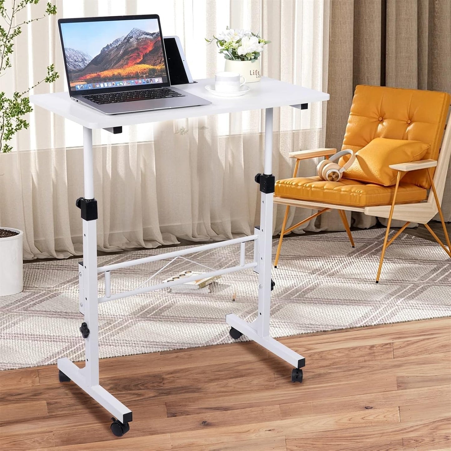 Standing Desk Adjustable Height, Mobile Stand Up Desk with Wheels Small Computer Desk Rolling Desks, Portable Laptop Desk White Standing Table Home Office Desks 16"x31.5" Height 27"-43.5"