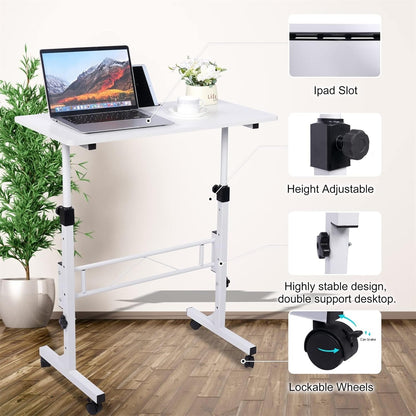Standing Desk Adjustable Height, Mobile Stand Up Desk with Wheels Small Computer Desk Rolling Desks, Portable Laptop Desk White Standing Table Home Office Desks 16"x31.5" Height 27"-43.5"
