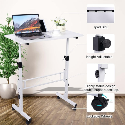 Standing Desk Adjustable Height, Mobile Stand Up Desk with Wheels Small Computer Desk Rolling Desks, Portable Laptop Desk White Standing Table Home Office Desks 16"x31.5" Height 27"-43.5"