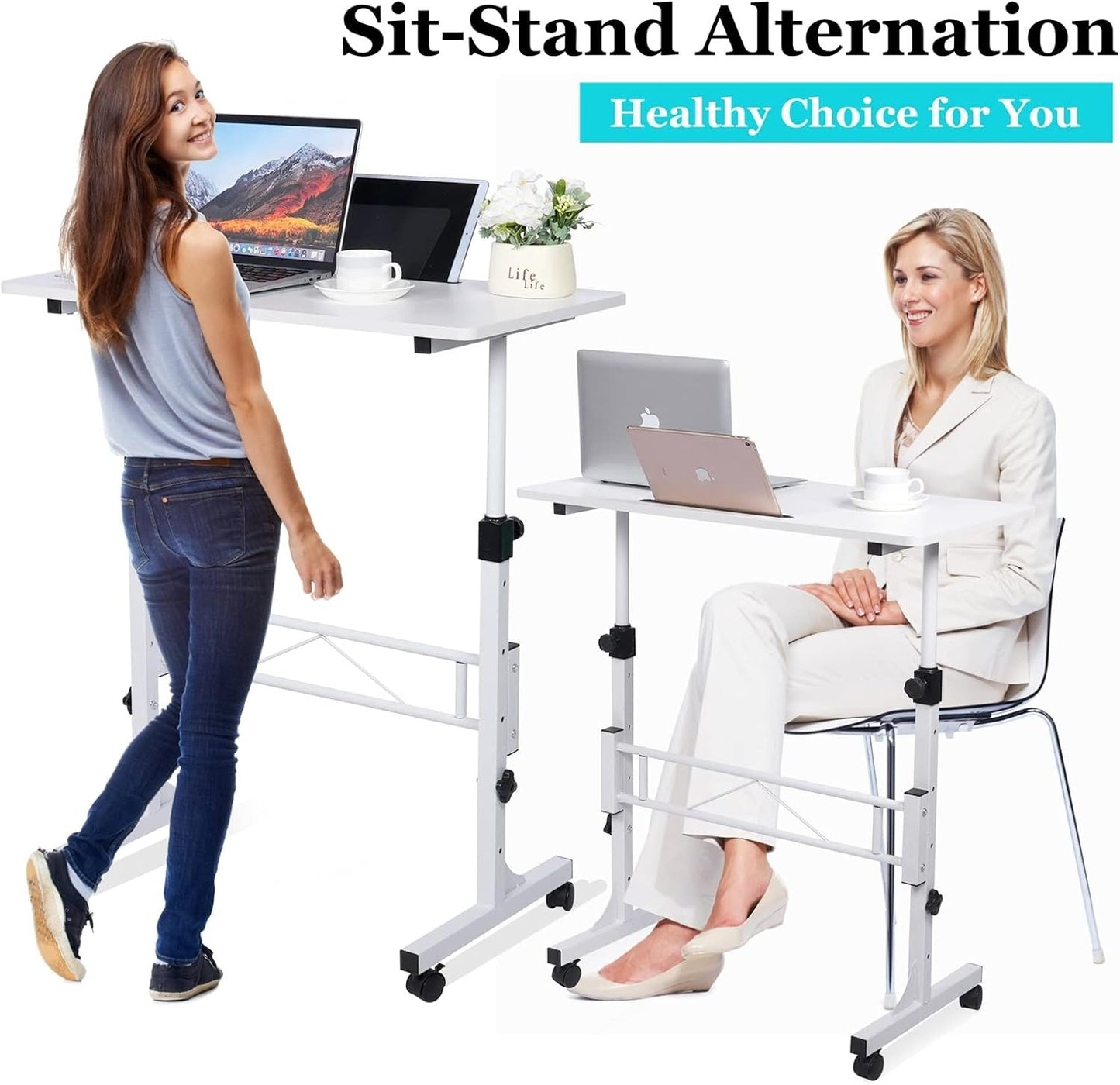 Standing Desk Adjustable Height, Mobile Stand Up Desk with Wheels Small Computer Desk Rolling Desks, Portable Laptop Desk White Standing Table Home Office Desks 16"x31.5" Height 27"-43.5"