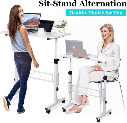 Standing Desk Adjustable Height, Mobile Stand Up Desk with Wheels Small Computer Desk Rolling Desks, Portable Laptop Desk White Standing Table Home Office Desks 16"x31.5" Height 27"-43.5"