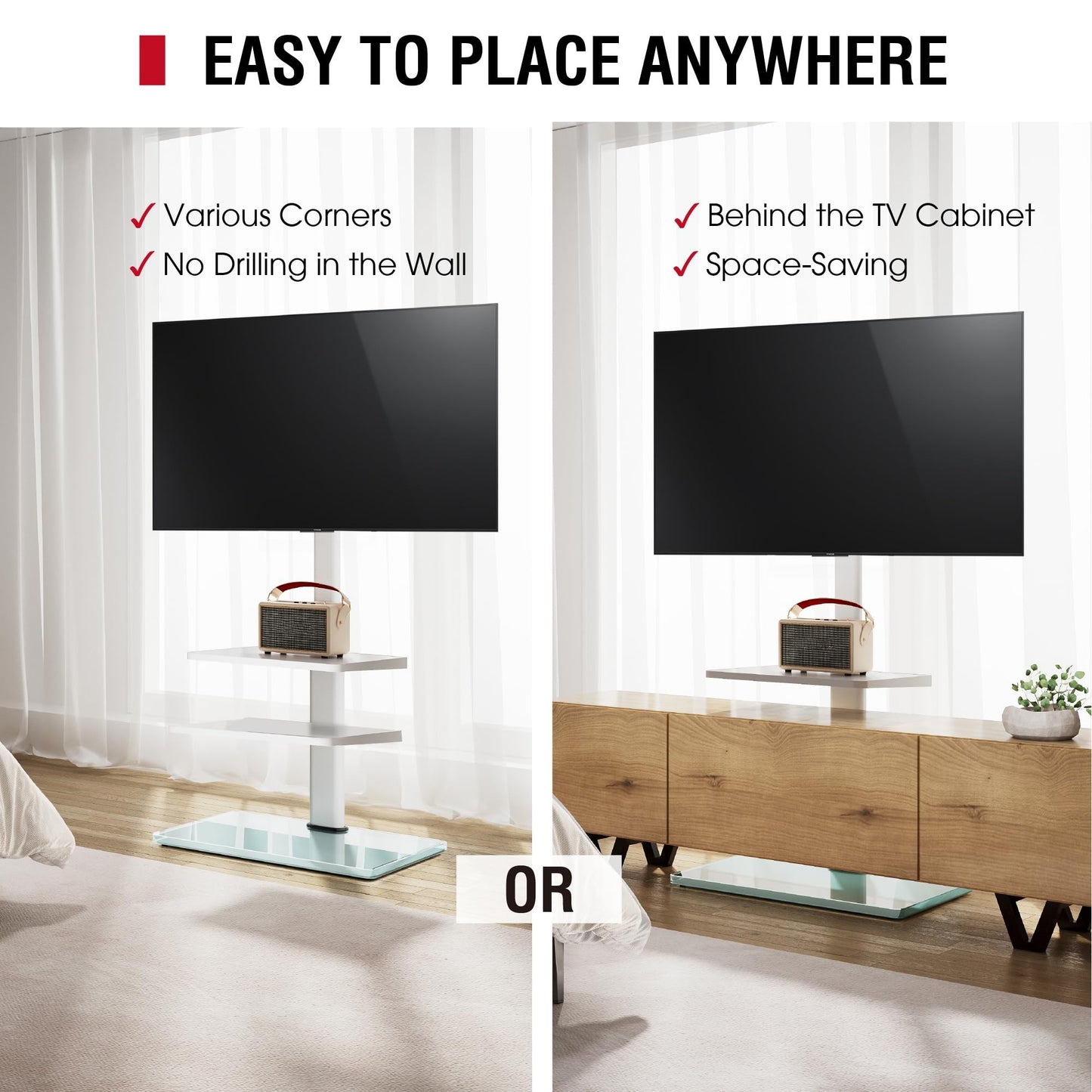 Mobile TV Stand for 23-60 Inch LCD LED Flat/Curved Screen TVs, Tilt TV Cart Holds up to 88Lbs, Portable TV Stand with Laptop Shelf, Rolling TV Floor Stand Max VESA 400x400mm (PSTVMC06)
