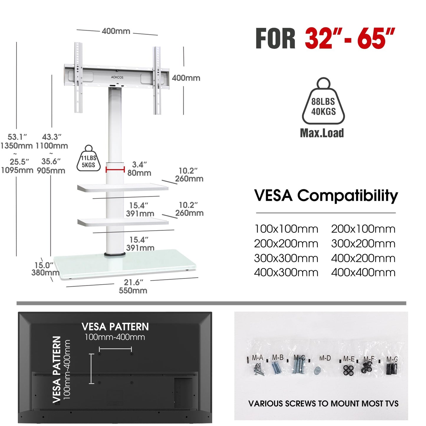 Mobile TV Stand for 23-60 Inch LCD LED Flat/Curved Screen TVs, Tilt TV Cart Holds up to 88Lbs, Portable TV Stand with Laptop Shelf, Rolling TV Floor Stand Max VESA 400x400mm (PSTVMC06)