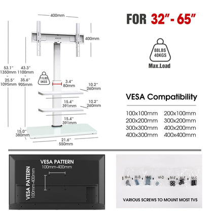 Mobile TV Stand for 23-60 Inch LCD LED Flat/Curved Screen TVs, Tilt TV Cart Holds up to 88Lbs, Portable TV Stand with Laptop Shelf, Rolling TV Floor Stand Max VESA 400x400mm (PSTVMC06)